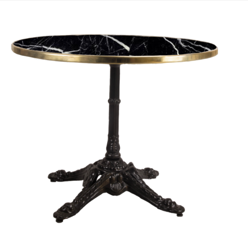 mesa redonda de mármol color negro con el canto oro y pie parís