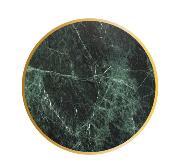 mesa redonda de mármol color verde guatemala con canto dorado