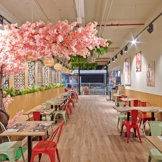 sillas rojas y verdes con arbol de flores