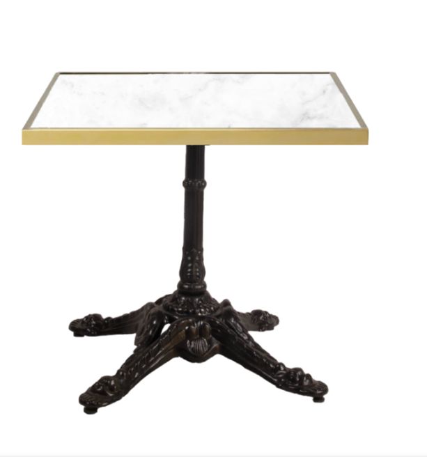 mesa cuadrada de mármol natural con canto de latón color oro y pie parís