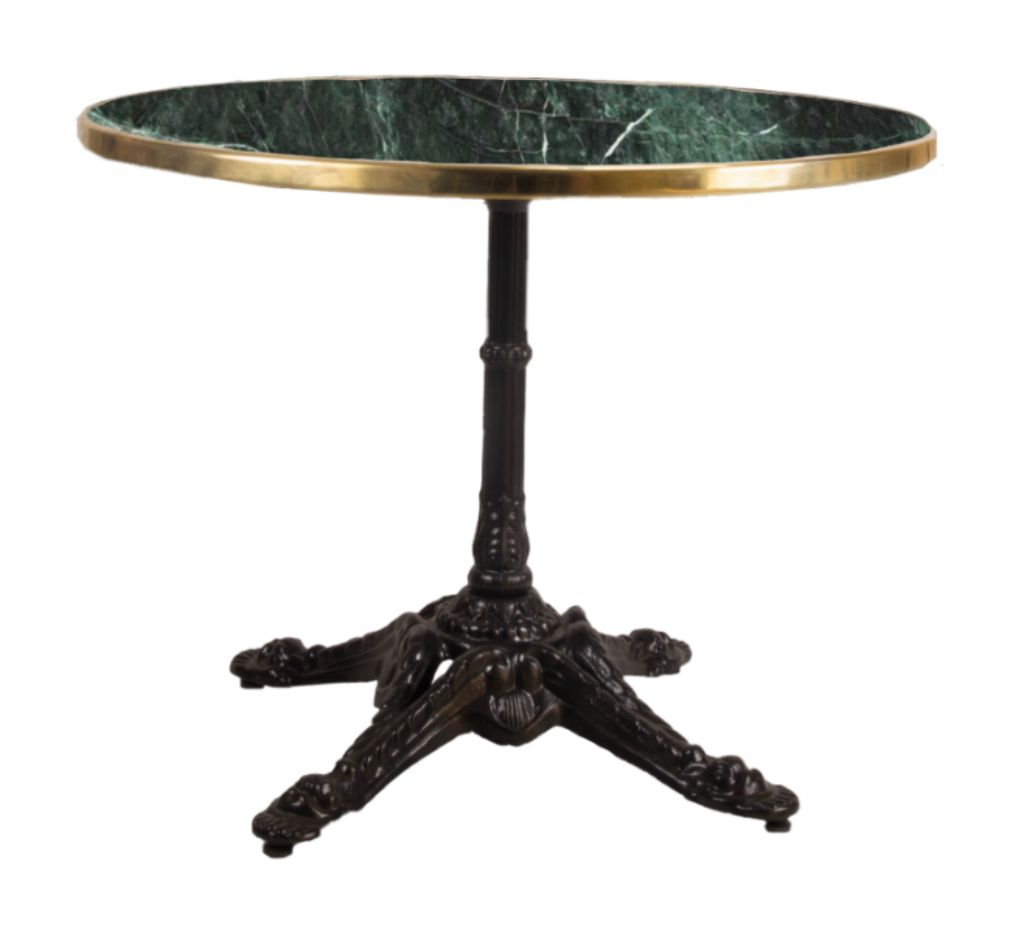 mesa redonda de mármol color verde guatemala con canto dorado