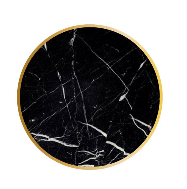 mesa redonda de mármol color negro con el canto oro y pie parís